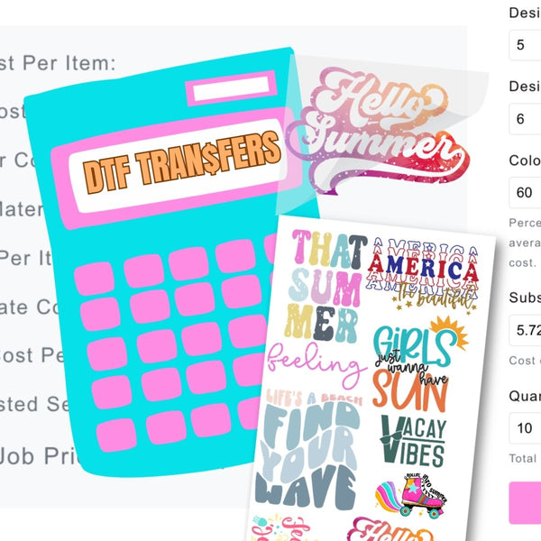 Packaging of DTF transfers with colorful designs and text, displayed against a white background.